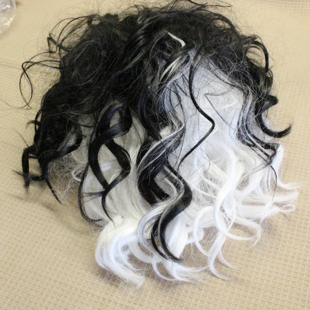 Cruella Costume Dress Wig Set Kids Size 10/12 Black White Dalmatian Goth Cosplay